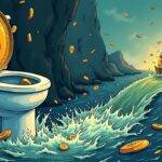 An illustration of an overflowing toilet with $81 million dollars being flushed away down into dark waters below while above two coins (Bitcoin & Ethereum) look worried as they watch their money disappear from under them; the background is filled with dollar signs and financial charts. In the distance a small boat made out of ETFs sails towards calm seas, but it's too late for Bitcoin to catch up. The atmosphere is tense and chaotic. A faint image of Grayscale’s GBTC can be seen sinking into the depths below as Fidelity’s FBTC tries to grab onto its life jacket in desperation.