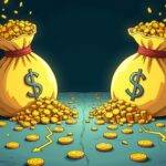 An illustration of two large money bags overflowing with gold coins standing side by side next to each other but one bag has more coins than the other; both have dollar signs above them while they look at each other from opposite sides. The background is dark blue and there are subtle waves in it suggesting movement or flow, giving a sense of dynamic energy. In front of the bags, two lines stretch out into the distance with arrows pointing towards the money bags but one line has more coins falling down than the other;