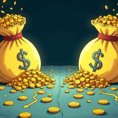 An illustration of two large money bags overflowing with gold coins standing side by side next to each other but one bag has more coins than the other; both have dollar signs above them while they look at each other from opposite sides. The background is dark blue and there are subtle waves in it suggesting movement or flow, giving a sense of dynamic energy. In front of the bags, two lines stretch out into the distance with arrows pointing towards the money bags but one line has more coins falling down than the other;
