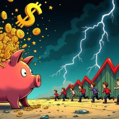 An illustration of an overflowing piggy bank with dollar signs bursting out from it while being chased by a group of people running away holding their heads in despair amidst falling coins and broken glass on the ground. In the background, there's a large graph showing rising values but also some sharp drops. The scene is set against a darkening sky with lightning bolts striking down towards the earth. A faint image of Bitcoin logo can be seen among the dollar signs.