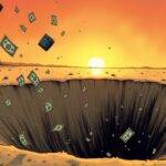 An illustration of an empty wallet with dollar signs falling out as it sinks into quicksand below; nearby, a large hole is visible where more money has been sucked down; above, several other wallets float on the surface but appear to be losing air and slowly descending. In the background, two figures in suits are shown arguing over which one of them should have invested their clients' funds in Bitcoin ETFs instead of actual profits. The scene takes place at sunset with a faint orange glow illuminating everything except for the dark hole below where all the money has disappeared.