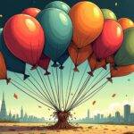 An illustration of 12 large balloons tied together with varying degrees of inflation, some bursting while others float steadily above the ground amidst scattered confetti; one balloon is labeled as "new" and has just been added to the bunch. In the background, a cityscape fades into view with skyscrapers representing financial institutions. The sky above features dark clouds that hint at an impending storm. A faint outline of bitcoin's logo can be seen in the distance amidst swirling winds.