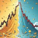 An illustration: A stylized graph with rising lines for bitcoin ETFs and falling lines for ethereum ETFs; two separate charts side by side showing contrasting trends between them; cash pouring into one chart while the other is empty. In the background, subtle images of coins flowing in opposite directions to emphasize the contrast. The overall design should evoke a sense of movement and dynamic change. A stylized bitcoin logo at the top left corner and an ethereum logo at the bottom right corner will be used as visual identifiers for each respective chart without any text or labels.