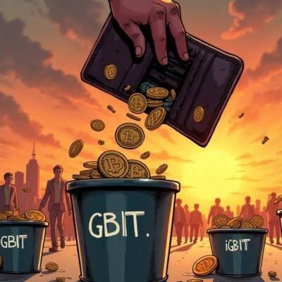 An illustration of a person holding an empty wallet with money pouring out from it into two large buckets labeled 'IBIT' and 'GBTC', while other smaller buckets nearby remain untouched. In the background, there is a cityscape at sunset with people walking away in different directions as if fleeing something. The sky above has dark clouds gathering. A faint image of a bitcoin symbol can be seen on one side of the illustration near the person's hand holding the wallet. At the bottom left corner, two large coins are shown falling from an unseen force into the buckets labeled 'IBIT' and 'GBTC'.