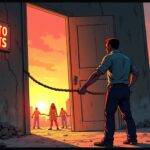 An illustration of a financial advisor standing in front of a large, ominous-looking door labeled "Crypto Assets" while holding onto a rope tied around their waist; they look worried as if being pulled towards the door by an unseen force with other advisors visible through the doorway looking equally concerned and some falling off into darkness. In the background is a cityscape at sunset with buildings crumbling in ruin amidst clouds of smoke, flames, or debris. The advisor's hands are grasping for something to hold onto but their grip keeps slipping as they're being pulled towards the door;