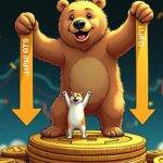 An illustration of a bear standing on top of the Bitcoin logo with its paws holding down two arrows pointing downwards in opposite directions; one arrow is labeled 'short' while the other is labeled 'long'. The background features an image of Binance's exchange platform, and at the bottom there are several coins falling from above. In the foreground a dog figurine stands on top of another coin with its paws raised up as if celebrating.