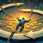 An illustration of an endless cycle with arrows pointing both clockwise and counterclockwise around it; at its center lies a trapped figure surrounded by broken chains while holding onto coins that resemble bitcoin symbols; the background is filled with swirling financial charts. In one corner stands a rising stock market graph next to falling graphs in another, indicating contrasting trends between assets like Bitcoin and Ethereum. The overall atmosphere conveys desperation amidst fluctuating markets.
