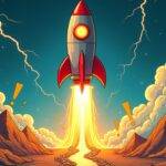 An illustration of a rocket ship blasting off into space with flames and smoke behind it; in front of the rocket is an arrow pointing upwards through a series of rising lines representing increasing prices. To one side are two falling arrows amidst broken chains suggesting losses or failures while on the other side, there's a growing mountain range symbolizing growth but also warning signs like exclamation marks above them indicating caution and uncertainty. The background has swirling clouds with lightning bolts hinting at turmoil in financial markets.