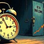 An illustration of an old-fashioned alarm clock ringing with its hands pointing at midnight on July 17th and August 14th respectively; a rising graph behind the clock showing institutional adoption growing while retail investors remain steady below; in the background Bitcoin's price is shown dropping from above $60k to under it. The scene fades into darkness as an old-fashioned key turns, unlocking a door with 'ETF inflows' written on it but remains locked. A faint light shines through the crack of the door showing money flowing out instead of in.