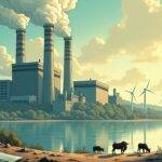 An illustration of a large factory emitting thick smoke into the air with pollution clouds surrounding it; nearby trees have dead leaves and branches while animals flee from the area; at the bottom left corner is an image of a judge's gavel striking down on papers. In the background are faint images of Bitcoin miners, solar panels, and wind turbines to contrast the factory emissions. The scene transitions into the foreground where Greenidge Generation Holdings Inc.'s logo appears with its slogan "Transforming Energy" in smaller text below it;