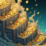 An illustration depicting a downward spiral with Bitcoin mining rigs at each point, surrounded by falling coins and declining graphs; one rig is shown being dismantled while another has smoke rising out of it indicating liquidation. In the background, an image of Bitfarms CEO Ben Gagnon can be seen looking worried as he holds up a graph showing decreasing revenue. The spiral ends with a single mining rig at its bottom point surrounded by empty space and broken machinery; one last coin is shown falling into oblivion below it.