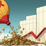 An illustration of a falling arrow piercing through an inflated balloon with a red X marked on its surface; below is a graph showing a sharp decline and above are scattered stablecoins (USDT) being swept away from their designated place into unknown territories. In the background, Bitcoin's price chart shows it dropping below $60K mark while institutions' inflows of stablecoin to exchanges dwindle. A faint image of an ETF can be seen in the distance with a red minus sign above its entrance indicating negative outflows;