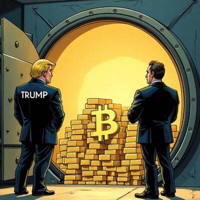An illustration of a government vault door opening wide revealing stacks of gold bars inside while in front of it two men stand facing each other one holding onto a stack of bitcoin blocks and the other with arms crossed looking at him. The man holding the bitcoins is wearing a suit labeled as 'Trump' on his back, the other has no label but looks like he's dressed for work. In the background there are several screens displaying stock market data showing an upward trend while in front of them two large clocks show different times one with 12:00 and another with 23:59.