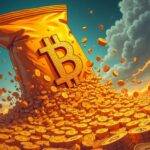 An illustration: A chaotic scene with a giant Cheeto bag spilling out bright orange cheese dust everywhere, amidst swirling storm clouds and lightning bolts; at center stage stands an enormous Bitcoin logo made of scattered coins surrounded by tiny spot exchange-traded funds (ETF) symbols dancing around it in frantic motion. In the background, Grayscale's GBTC symbol is seen being swept away like a leaf on a gusty wind as NYSE Arca electronic exchange and SEC regulations are depicted as giant anchors trying to hold back the tide of chaos;