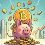 A comic illustration featuring a bitcoin piggy bank overflowing with coins as it stands triumphantly over an empty ether piggy bank, surrounded by charts and graphs rising upwards.