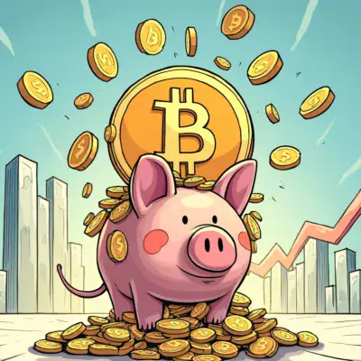 A comic illustration featuring a bitcoin piggy bank overflowing with coins as it stands triumphantly over an empty ether piggy bank, surrounded by charts and graphs rising upwards.