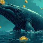 An illustration of a massive whale swimming through calm waters with Bitcoin coins floating around it; some coins are being swallowed by the whale while others swim away from it; on top of the water surface there's an image of a US government seal and in the background, faintly visible, is a dark net marketplace scene. The overall atmosphere conveys serenity despite the presence of danger lurking beneath the surface.  A subtle hint at market liquidity can be seen as ripples spreading from where some coins are being swallowed by the whale;