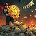 An illustration of a person holding an oversized Bitcoin coin while standing on top of a pile of money bags. The coins are falling off their hands as they look worried, with some flying away into flames in the background. A faint image of a stock exchange ticker board is visible behind them displaying rapidly decreasing numbers and red warning signs. In the foreground, several dollar bills can be seen floating up towards the person's face like confetti. The overall atmosphere is chaotic and ominous.