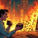 An illustration of a person holding onto their wallet with coins spilling out as they stare at a computer screen displaying rapidly increasing numbers amidst flames engulfing a cityscape in the background. The person's face is contorted in despair and shock while the surrounding environment reflects chaos and destruction. A faint image of a bitcoin logo can be seen among the burning debris, symbolizing the devastating impact on one's life savings due to Bitcoin's hot streak continuing to melt down their finances.