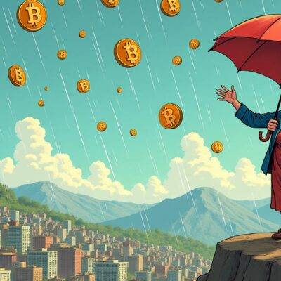 An illustration of a grandma holding an umbrella with Bitcoin logos and dollar signs falling from it as she stands on top of a mountain range labeled "Decentralization" while below her is a cityscape representing regulatory overreach, where people are running away from rain. In the background there's a group of suits in fancy clothes looking worried at their watches. The grandma has a determined look and one hand extended towards the sky as if calling for more free money to come down.