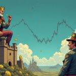 An illustration of an altcoin king sitting on top of Bitcoin's castle with its crown slipping off as various other cryptocurrencies are shown trying to break free from their chains and rise up against him. In the background a range-bound price action is depicted, represented by two parallel lines that stretch across the horizon. The scene is set in a fantasy world where coins have taken human form. A large fund manager with Goldman Sachs' logo on his hat stands at the foot of the castle holding an ETF bag and smiling as he looks up towards the altcoin king's throne.