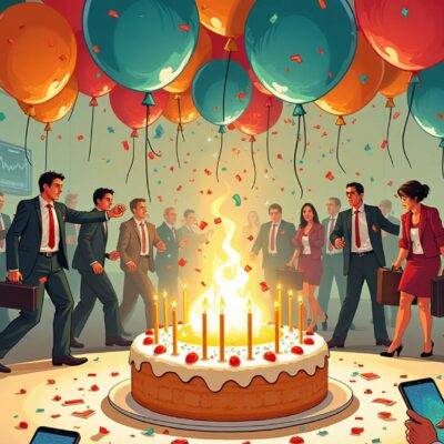 An illustration of a party scene with balloons popping one by one as guests leave; some people holding briefcases or bags running away from falling confetti while others look worried amidst descending prices on screens and stock charts displayed around the room. A large cake in the center is shown crumbling apart, revealing an empty space where candles once stood. The atmosphere is chaotic, with a few remaining partygoers looking dejected as they gaze at their phones or watch TV displaying news headlines about market crashes.