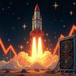 An illustration of a Bitcoin miner's rig surrounded by rising arrows and dollar signs amidst a darkening background, while the surrounding environment is filled with bright lights representing growth; at the center of this scene lies an image of a rocket blasting off into space symbolizing rapid expansion and progress. The overall atmosphere conveys a sense of prosperity and upward momentum. In contrast to the brightness around it, the miner's rig itself appears slightly weathered but still robustly standing against its surroundings, signifying resilience in growth. At the top edge of this ima