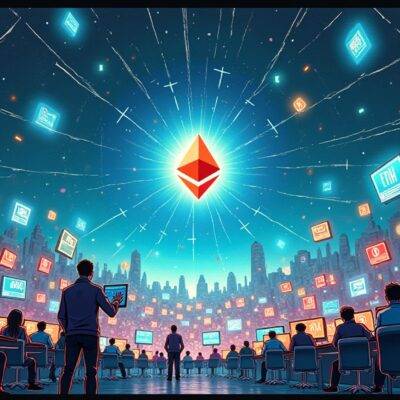 An illustration depicting a chaotic internet landscape with multiple screens displaying different crypto prices in real-time amidst users arguing online; some screens show rising or falling trends while others display static images representing uncertainty. In the background, Ethereum (ETH) is shown as a central hub connecting various tokens through lines and nodes symbolizing their interconnectedness. A few figures are seen trying to navigate this complex environment with charts and graphs in hand, highlighting the importance of data analysis for accurate price forecasting.