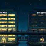An illustration of two large buildings side by side with one building labeled 'Bitwise' having more windows lit up than the other which is labeled 'ETC Group'. The Bitwise building has several people inside working at computers while others are walking around. In contrast, the ETC Group building appears empty and dark except for a few scattered workers in dimly-lit areas. A large bridge connects both buildings with many cables running through it symbolizing connectivity between them. At night time with stars shining above but no moon visible.