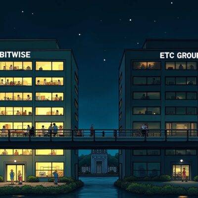 An illustration of two large buildings side by side with one building labeled 'Bitwise' having more windows lit up than the other which is labeled 'ETC Group'. The Bitwise building has several people inside working at computers while others are walking around. In contrast, the ETC Group building appears empty and dark except for a few scattered workers in dimly-lit areas. A large bridge connects both buildings with many cables running through it symbolizing connectivity between them. At night time with stars shining above but no moon visible.
