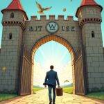 An illustration of a large, imposing European castle with high walls and towers. The gates are open wide to reveal Bitwise's logo prominently displayed above the entrance. In front of the gate stands Hunter Horsley holding an ETC Group briefcase while walking towards the camera amidst nine smaller flags representing each crypto asset under management waving in the wind behind him, as a flock of birds fly away from the castle into the distance with coins and euros falling out of their beaks.