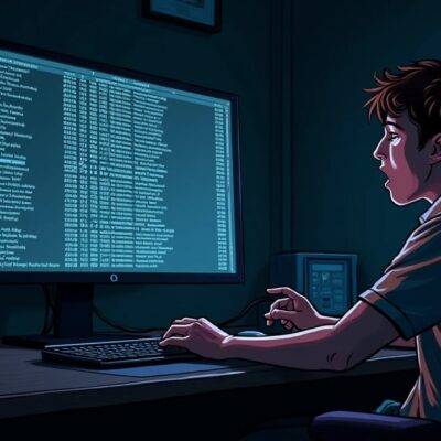 An illustration featuring a person yawning while sitting in front of their computer screen displaying an endless list of Ethereum Name Service subnames and wallet addresses; nearby is another monitor showing a graph that appears to be flatlining, representing uneventful data. The room around them is dimly lit with shadows cast on the walls as if time has stood still since they last looked away from the screens. A faint glow emanates from their computer equipment in an otherwise darkened space;