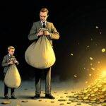 An illustration featuring three figures standing at different heights with one figure significantly shorter than the others; two taller figures holding large bags while the third smaller figure holds an empty bag looking down dejectedly amidst scattered coins and broken chains. The background is darkened to emphasize contrast between light and shadow. A faint glow emanates from a nearby pile of gold, symbolizing success or wealth. In this scene, one can infer that those who have achieved greater heights are the ones holding onto their gains while others struggle with loss.