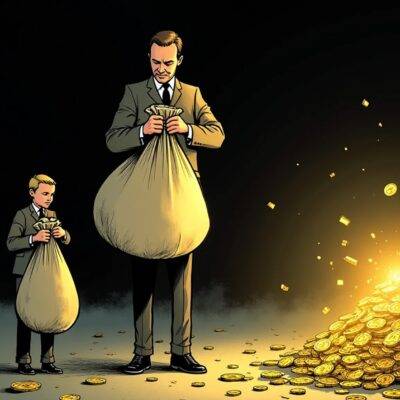 An illustration featuring three figures standing at different heights with one figure significantly shorter than the others; two taller figures holding large bags while the third smaller figure holds an empty bag looking down dejectedly amidst scattered coins and broken chains. The background is darkened to emphasize contrast between light and shadow. A faint glow emanates from a nearby pile of gold, symbolizing success or wealth. In this scene, one can infer that those who have achieved greater heights are the ones holding onto their gains while others struggle with loss.