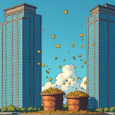An illustration of two skyscrapers representing Blackrock and Grayscale standing side by side with increasing height gauges behind them; one gauge is slightly ahead but rapidly closing as coins (representing digital assets) flow into the other building's collection bucket at a faster rate than its competitor, while in the background, smaller buildings symbolizing rival companies are shown receding