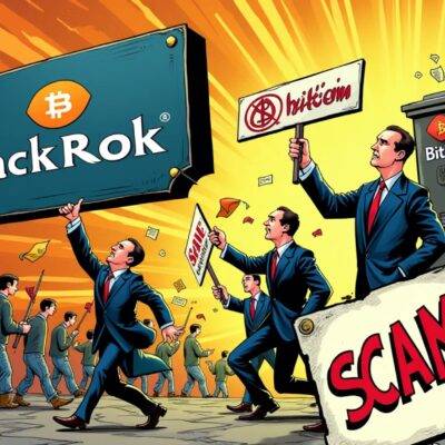 An illustration of BlackRock's logo being hijacked by two scam artists holding fake investment signs and leading people away from a Bitcoin ATM. The background is filled with warning symbols like exclamation marks and red flags while one person looks confused amidst all the chaos, another tries to escape but gets caught in a net labeled "scam". In the foreground, there's an image of Larry Fink looking worried as he holds up a sign saying "digital gold" which has been torn apart. The overall style is comic book-inspired with bold lines and vibrant colors used throughout.