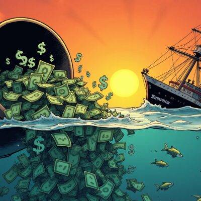 An illustration depicting an overflowing bucket with dollar signs pouring out from it as the surrounding water level rises; in the background a sinking ship labeled 'Investor Regret' is seen going down into the depths while nearby fish swim away frantically. A faint image of Ethereum's logo can be seen on one side of the bucket, and BlackRock's iShares ETF symbol appears above the overflowing dollar signs. The scene takes place at sunset with hues of orange and red in the sky as a subtle reminder that it is late afternoon when investors are likely to realize their regret.