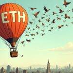 An illustration of an old-fashioned hot air balloon rising into the sky with digital currency symbols (ETH) floating away from it in all directions while being chased by a flock of birds representing institutional investors and asset managers; below them lies a cityscape, but buildings are replaced with cryptic financial charts. The balloon is labeled as "Blackrock's New ETHA ETF" and has an arrow pointing upwards to indicate growth. In the background, there is a faint image of Grayscale’s ETHE fund being left behind in its wake.