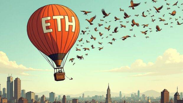 An illustration of an old-fashioned hot air balloon rising into the sky with digital currency symbols (ETH) floating away from it in all directions while being chased by a flock of birds representing institutional investors and asset managers; below them lies a cityscape, but buildings are replaced with cryptic financial charts. The balloon is labeled as "Blackrock's New ETHA ETF" and has an arrow pointing upwards to indicate growth. In the background, there is a faint image of Grayscale’s ETHE fund being left behind in its wake.