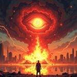 An illustration of Abu Dhabi's skyline with an explosion at its center; flames engulfing buildings as they crumble into rubble amidst dark clouds filled with lightning bolts; Bitcoin symbols scattered throughout the chaos and destruction while blockchain chains wrap around skyscrapers like snakes. In the foreground, a lone figure stands frozen in terror surrounded by debris and wreckage. The cityscape is shrouded in an eerie orange glow as night descends upon it. A massive storm cloud looms above with lightning illuminating its dark interior; at its center, a glowing red eye glows menacingly.