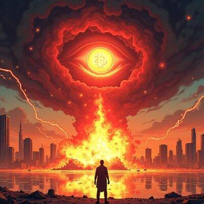 An illustration of Abu Dhabi's skyline with an explosion at its center; flames engulfing buildings as they crumble into rubble amidst dark clouds filled with lightning bolts; Bitcoin symbols scattered throughout the chaos and destruction while blockchain chains wrap around skyscrapers like snakes. In the foreground, a lone figure stands frozen in terror surrounded by debris and wreckage. The cityscape is shrouded in an eerie orange glow as night descends upon it. A massive storm cloud looms above with lightning illuminating its dark interior; at its center, a glowing red eye glows menacingly.