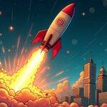 An illustration of a rocket blasting off into space amidst exploding fireworks, surrounded by stylized depictions of blockchain nodes and digital currency symbols; in the background, a cityscape is visible with buildings shaped like Ton blocks and Catizen logos integrated into their architecture