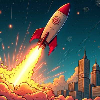 An illustration of a rocket blasting off into space amidst exploding fireworks, surrounded by stylized depictions of blockchain nodes and digital currency symbols; in the background, a cityscape is visible with buildings shaped like Ton blocks and Catizen logos integrated into their architecture