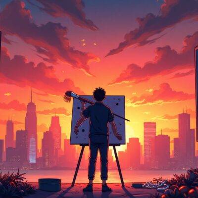 An illustration of an artist holding a paintbrush over their shoulder as they stand in front of a large canvas with various shapes and colors splattered across it; behind them is a cityscape at sunset, while on either side are two giant screens displaying code lines scrolling rapidly upwards; below the artist's feet lies a small blockchain chain made up of tiny IP tokens. The entire scene glows softly as if illuminated by an inner light source.
