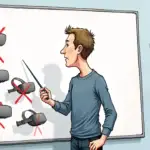 A comic illustration of Mark Zuckerberg standing at a whiteboard, surrounded by failed prototypes of VR headsets, with a red 'X' marked through them. In front of him is an empty shelf where the next-generation headset was supposed to be displayed. A few feet away, Apple's Vision Pro sits on another shelf, looking sleek and successful.