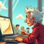 An illustration of a grandchild sitting at their desk eating ramen noodles while looking out the window with a sad expression on their face. In front of them is a computer screen displaying a graph showing Ether's stagnant price over time and in the background, there are images of Ethereum nodes working hard to process transactions as indicated by animated gears turning rapidly. The grandchild has an empty wallet next to them while outside the window, people can be seen walking with big smiles on their faces enjoying good times together.