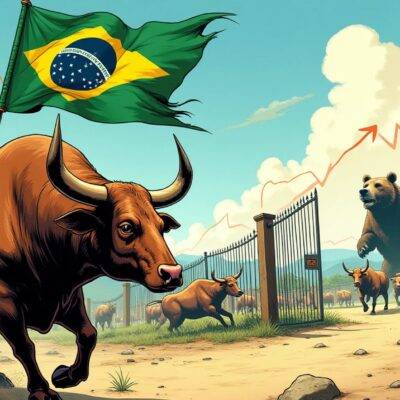 An illustration: A Brazilian flag-waving bull breaks free from a cage labeled with the words 'ETF' and 'Solana', charging towards an open gate marked 'Brazil'. In the background, other bulls are trapped behind locked gates. The sky is filled with rising arrows indicating growth while in the distance, a giant bear looms over the landscape of despair. A pennant-shaped ribbon flies above the bull's head bearing the number 200 and below it, another ribbon reads $145.