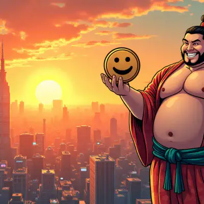A cartoon Japanese entertainment giant, represented by a smiling sumo wrestler in traditional attire, holds up a large coin with a smiley face on it while standing next to a cityscape at sunset. In the background, a Web3 network for culture and entertainment is depicted as a sprawling metropolis filled with video game characters, movie cameras, and TV screens.