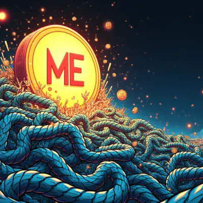 A chaotic illustration depicting multiple blockchain chains tangled together like snakes. A giant token with the ME logo is bursting through the mess, surrounded by swirling digital assets and a faint glow representing growth. In the background, NFTs are scattered across various platforms, some rising to great heights while others plummet into darkness.