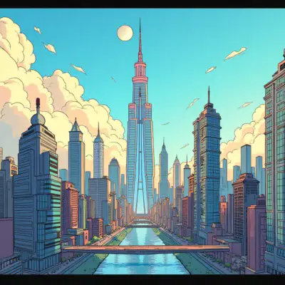 A comic-style illustration of the Solana network as a city with various skyscrapers representing decentralized applications (DApps). The buildings are shown in different states, some thriving and others struggling. A large resistance barrier at $150 blocks SOL's price from rising further. In the background, Ethereum is depicted as a rival city, its average fees dropping to around $1. Other blockchains with memecoin launches are shown gaining traction.